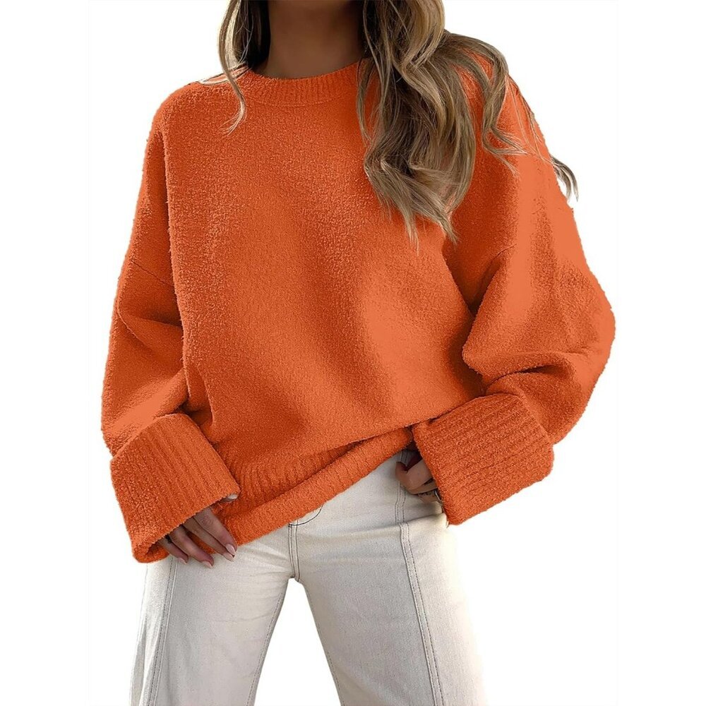 Women's Orange Oversized Long Sleeve Casual Fuzzy Knit Sweaters